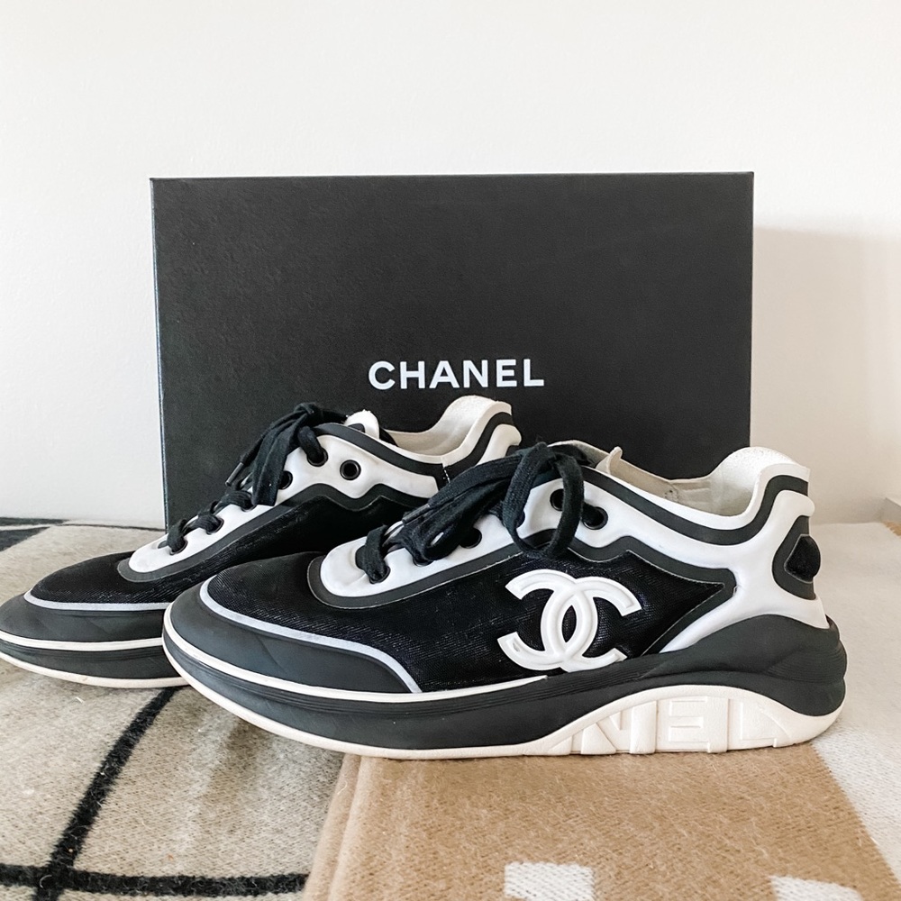 CHANEL sneakers tennis shoes black white logo